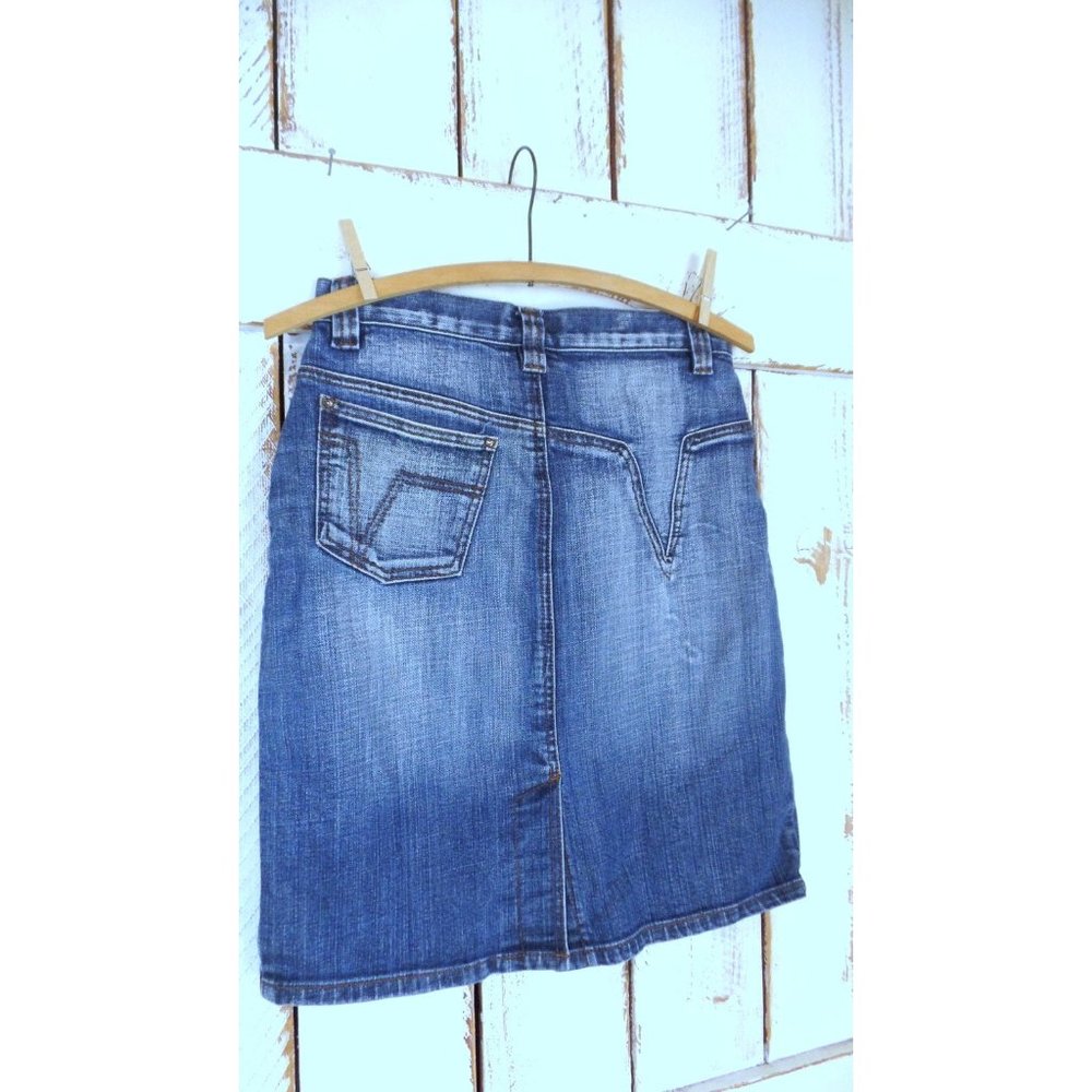 90s vintage distressed faded dark blue cotton jean denim pencil skirt - Picture 6 of 8